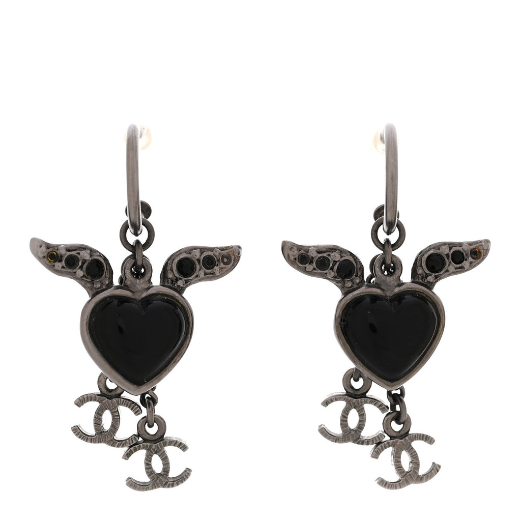 Enamel Crystal Heart Wing CC Drop Earrings Black Silver