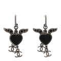 Enamel Crystal Heart Wing CC Drop Earrings Black Silver