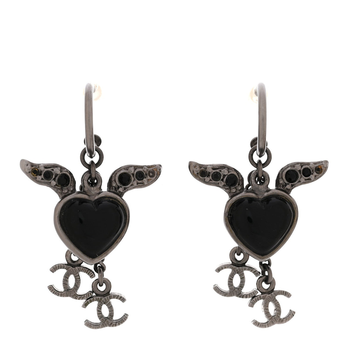 Enamel Crystal Heart Wing CC Drop Earrings Black Silver