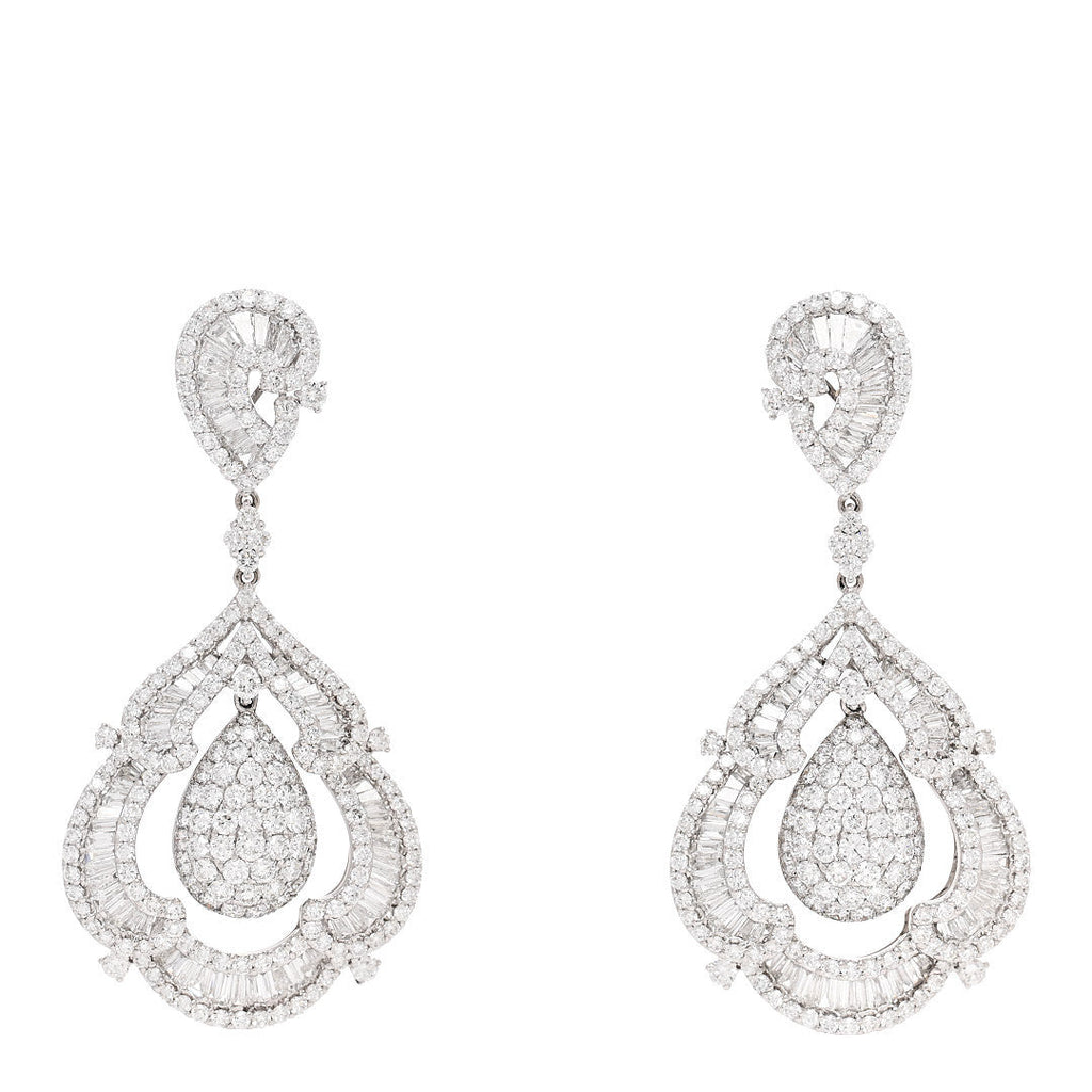 18K White Gold Diamond 10.19ctw Ornate Baguette Round Cut Drop Earrings