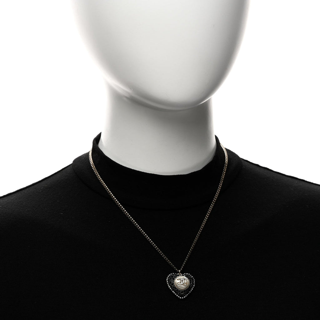 Pearl Crystal CC Heart Necklace Gold Pearly White Black