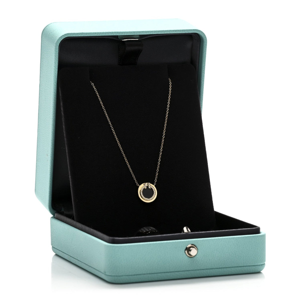 18K Yellow Gold Diamond Black Onyx Small T Circle Pendant Necklace