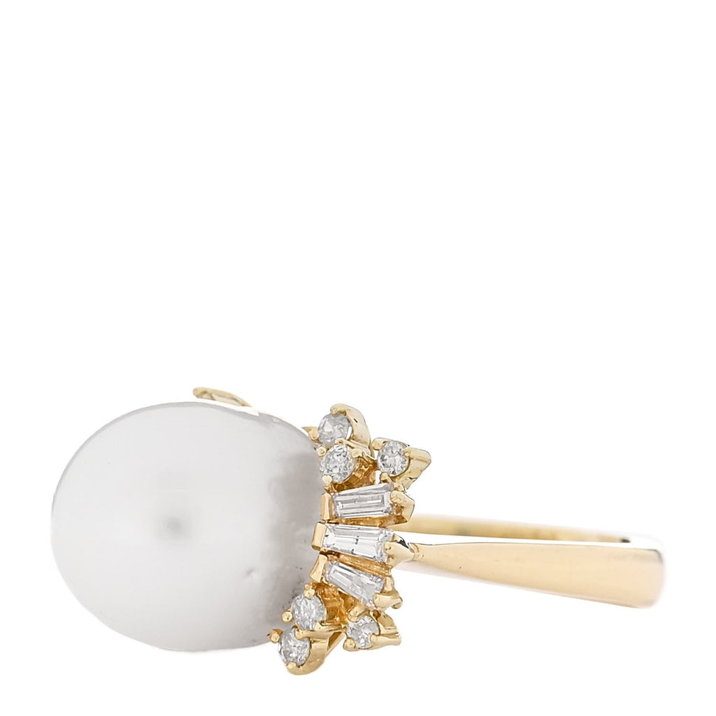 14K Yellow Gold Diamond Cultured Pearl Cocktail Ring 46 3.75