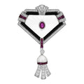 18K White Gold Enamel Diamond Ruby Rock Crystal .78ctw Brooch Pendant Black