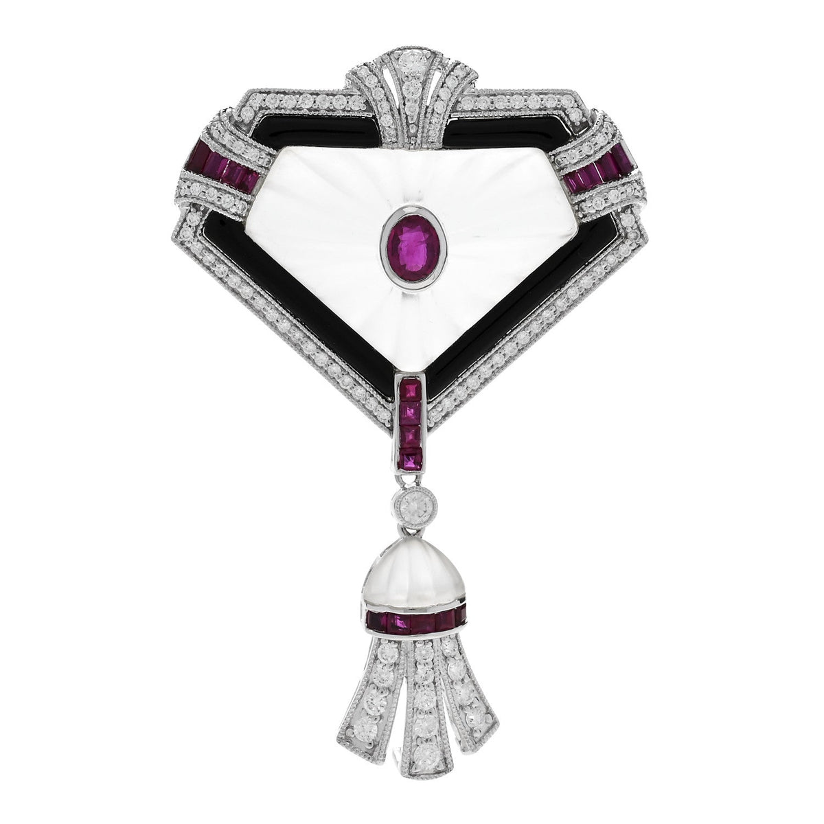 18K White Gold Enamel Diamond Ruby Rock Crystal .78ctw Brooch Pendant Black