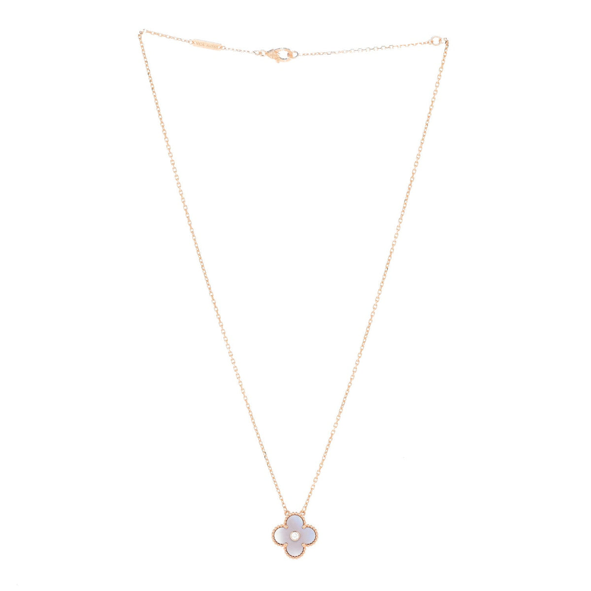 18K Rose Gold Diamond Pink Mother of Pearl Vintage Alhambra Pendant Necklace