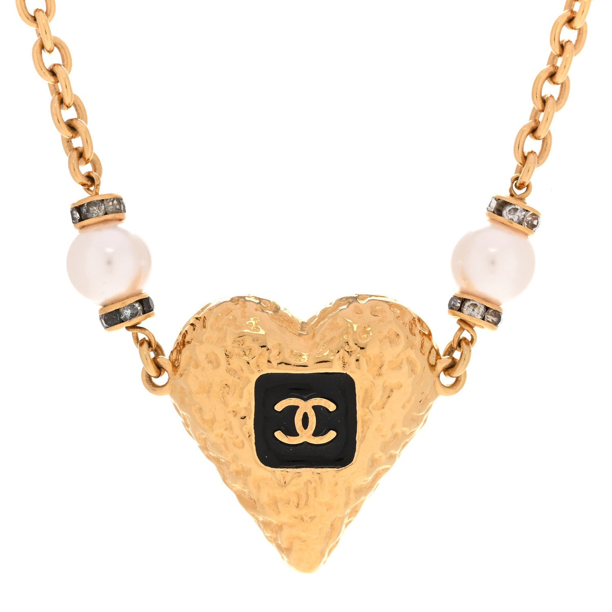 Resin Crystal Pearl Chain Heart CC Pendant Choker Necklace Black White Gold