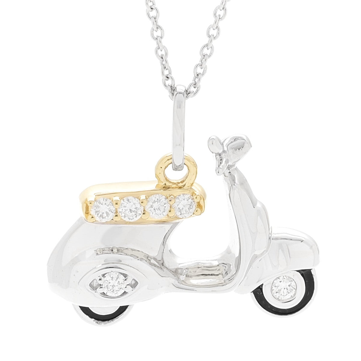 18K White Yellow Gold Diamond Scooter Pendant Necklace