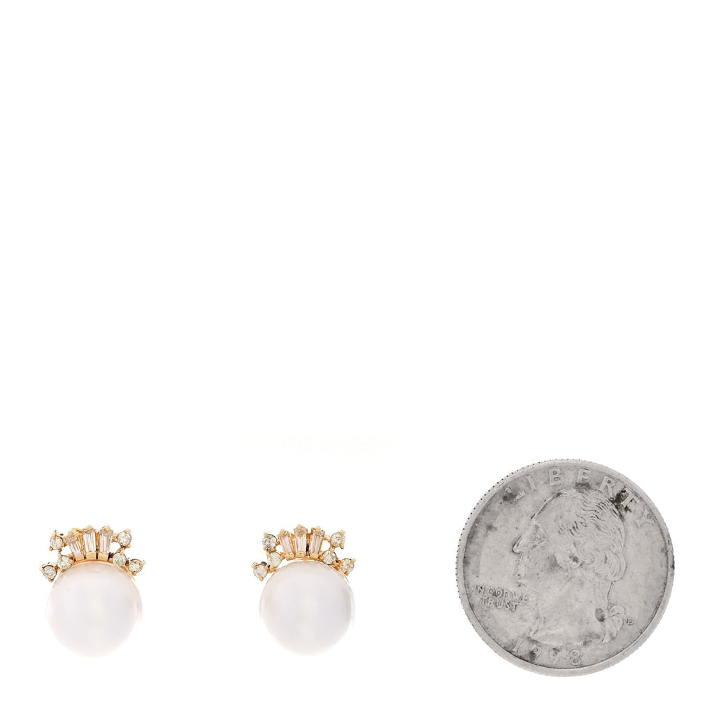 14K Yellow Gold Diamond Cultured Pearl 10.5-11mm Earrings