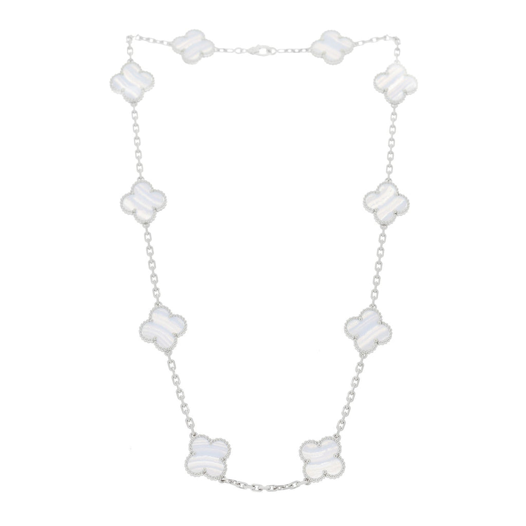 18K White Gold Chalcedony 10 Motifs Vintage Alhambra Necklace