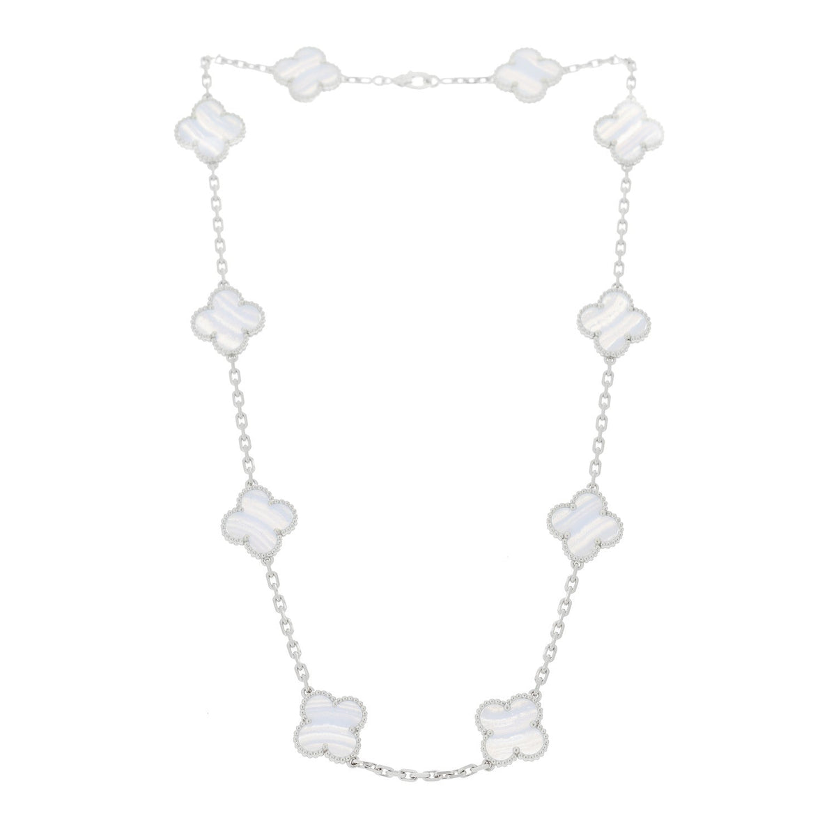 18K White Gold Chalcedony 10 Motifs Vintage Alhambra Necklace