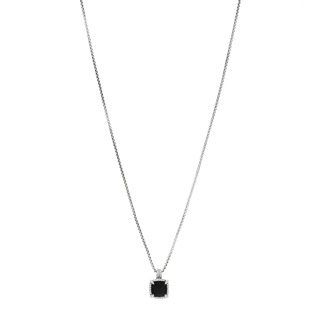 Sterling Silver Diamond Black Onyx 9mm Chatelaine Pave Bezel Pendant Necklace