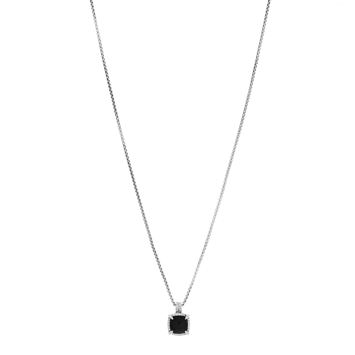 Sterling Silver Diamond Black Onyx 9mm Chatelaine Pave Bezel Pendant Necklace