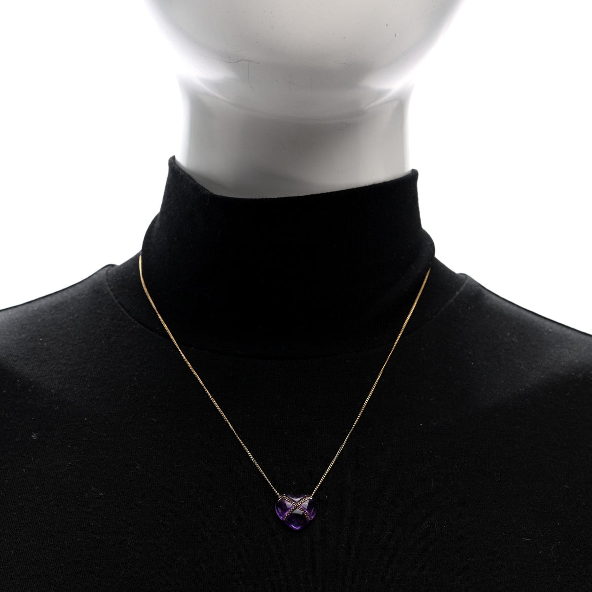 18K Yellow Gold Amethyst Crossover Heart Pendant Necklace