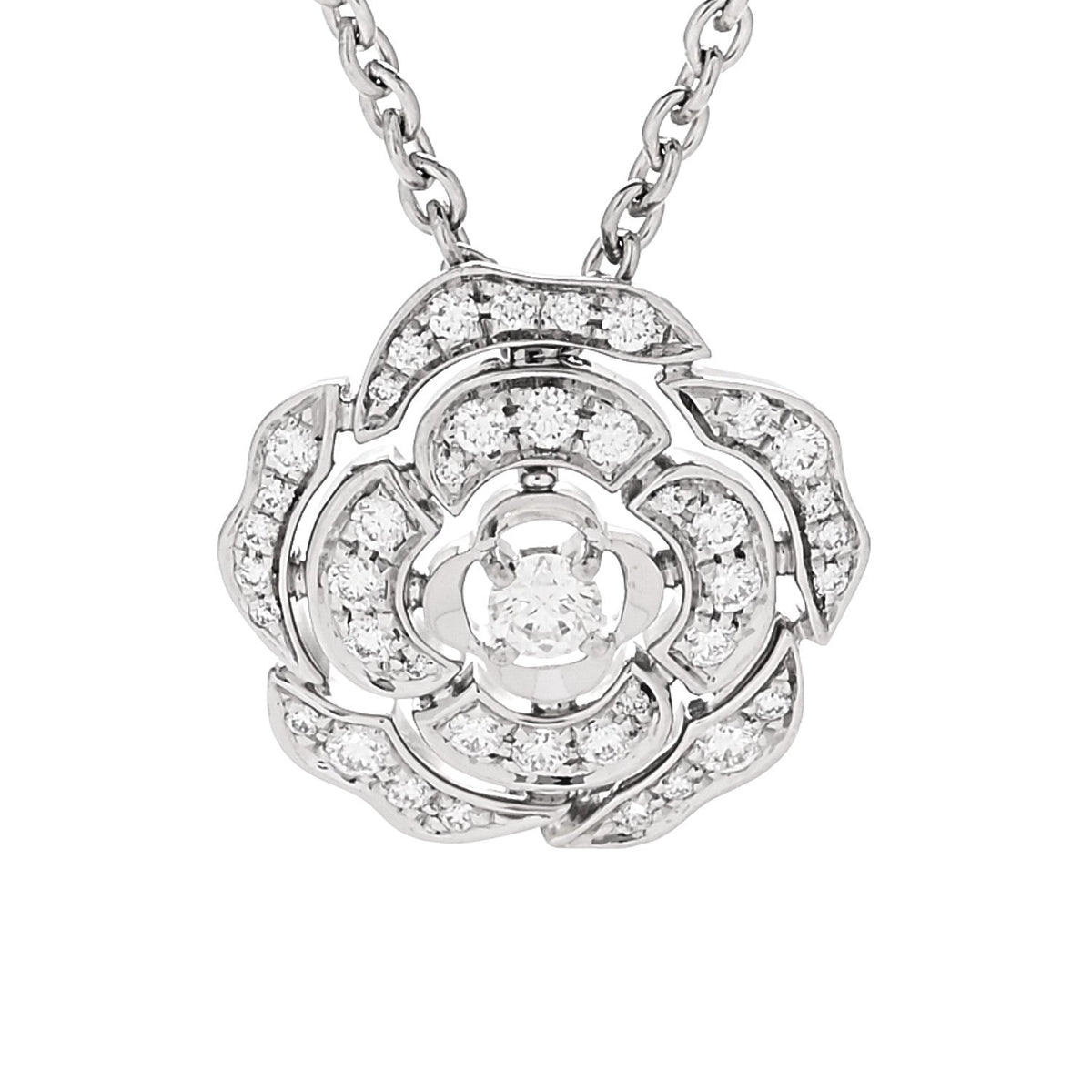 18K White Gold Diamond Bouton de Camelia Pendant Necklace