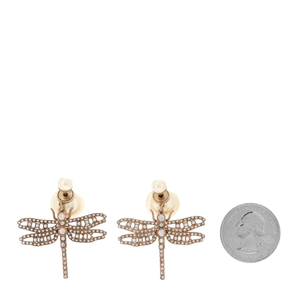 Crystal Pearl Dragonfly Drop Earrings White