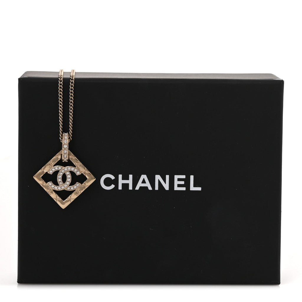 Baguette Crystal Quilted CC Pendant Necklace Gold