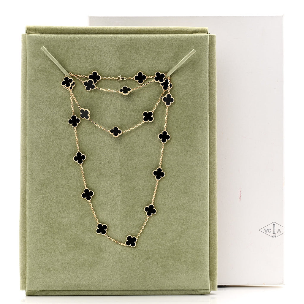 18K Yellow Gold Black Onyx 20 Motifs Vintage Alhambra Necklace