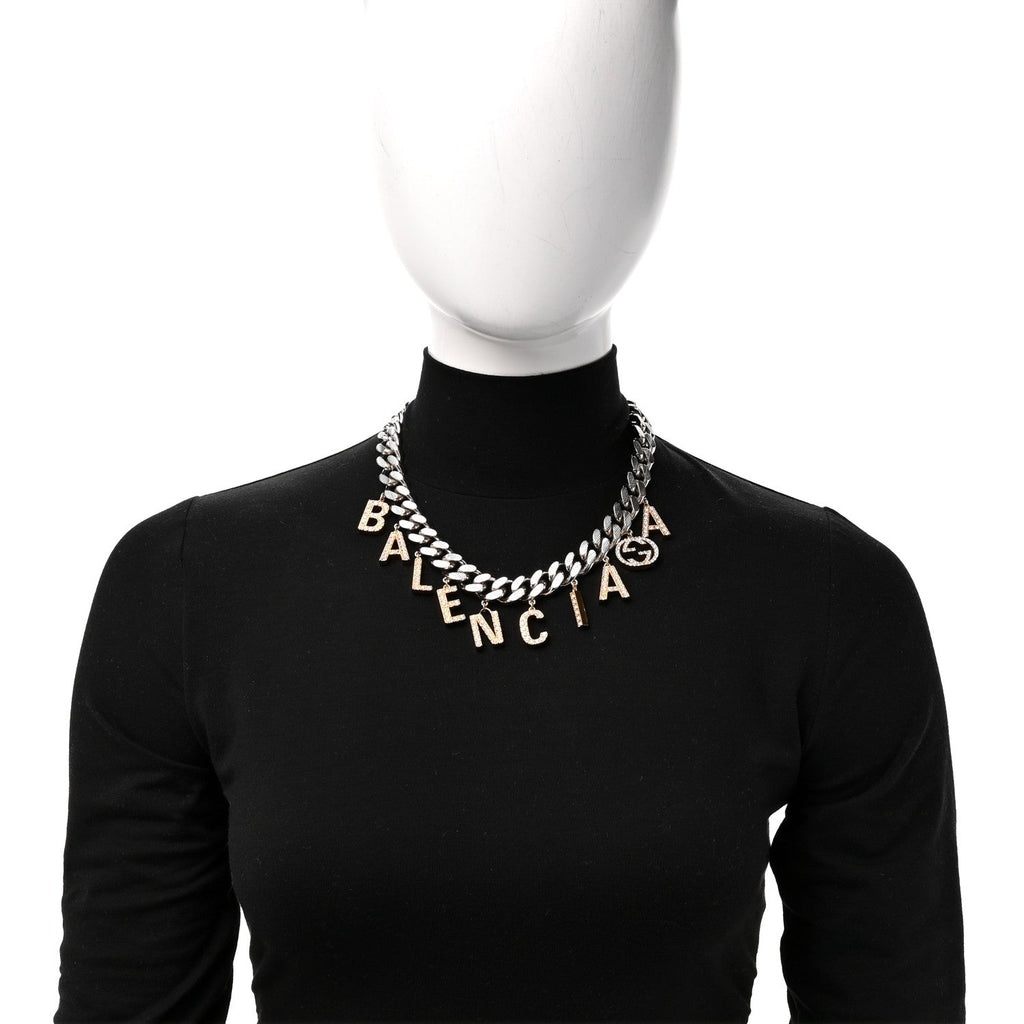 X BALENCIAGA Crystal Script Short Necklace Silver Gold