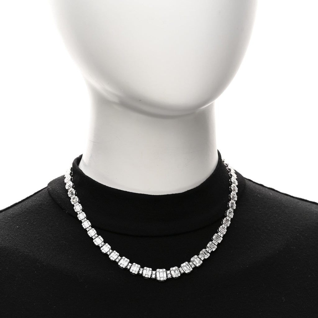 18K White Gold Diamond 13.56ctw Baguette Round Cut Graduated Necklace