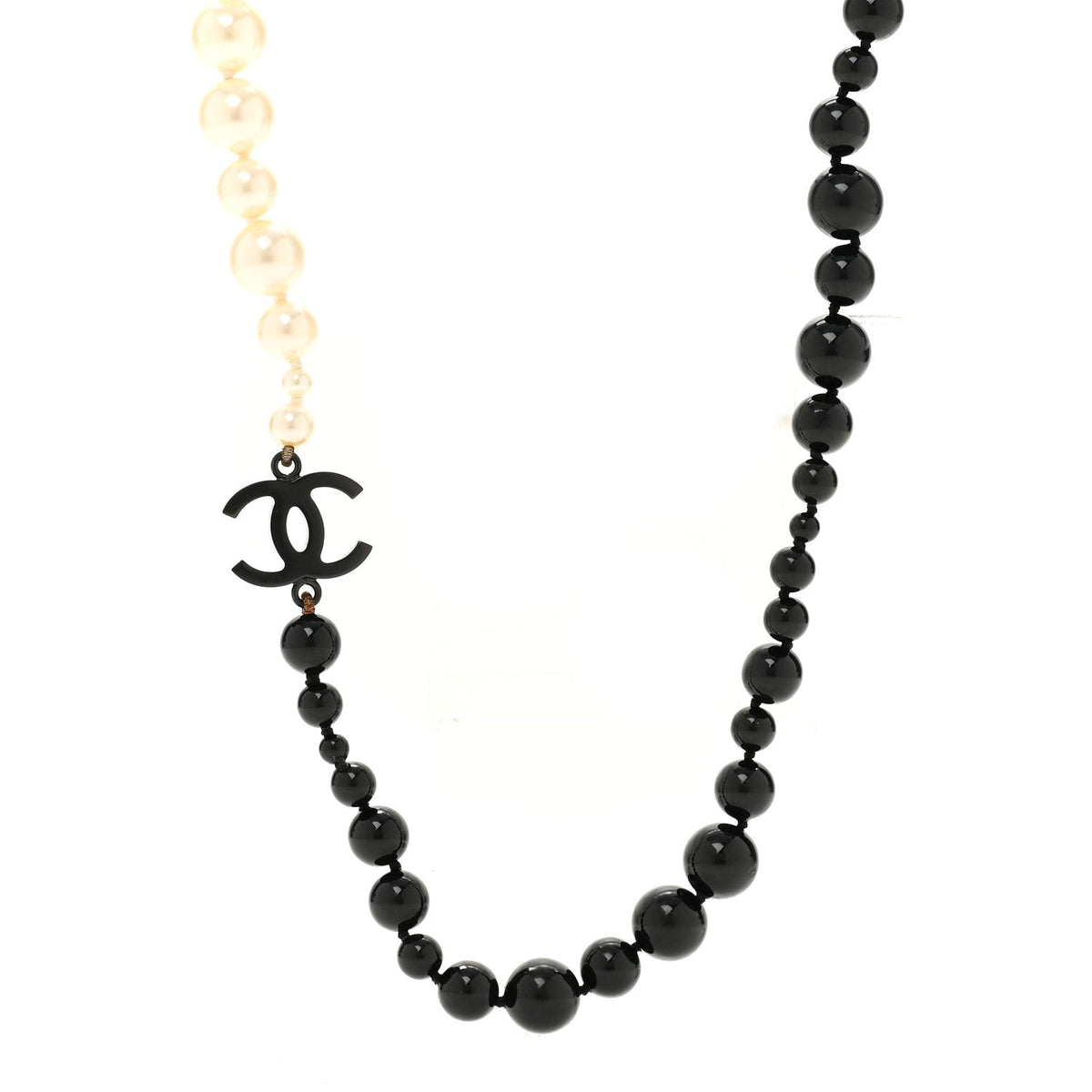 Ruthenium Pearl Beaded Enamel CC Long Necklace White Black