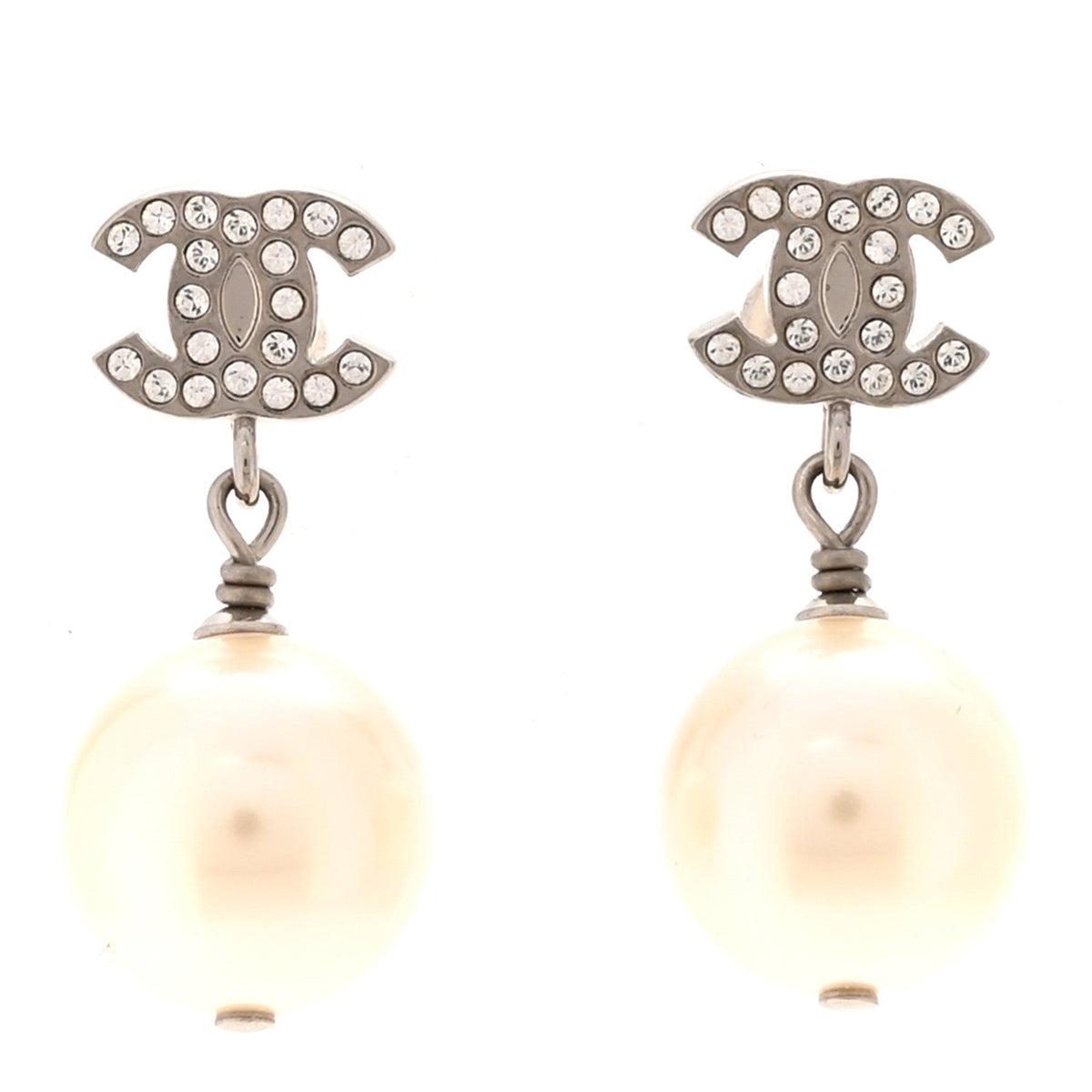 Crystal Pearl CC Drop Earrings Silver Pearly White