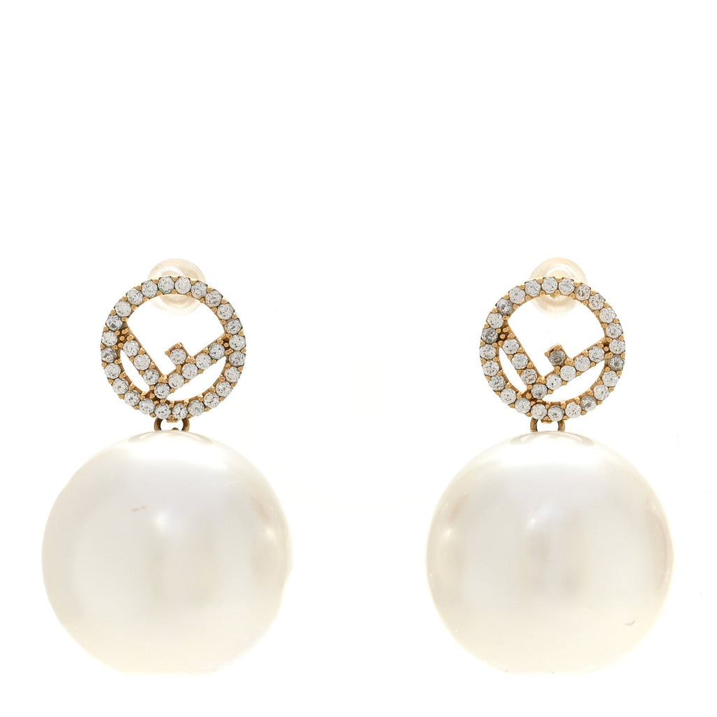 Metal Crystal Pearl Logo Drop Earrings Gold