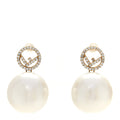 Metal Crystal Pearl Logo Drop Earrings Gold