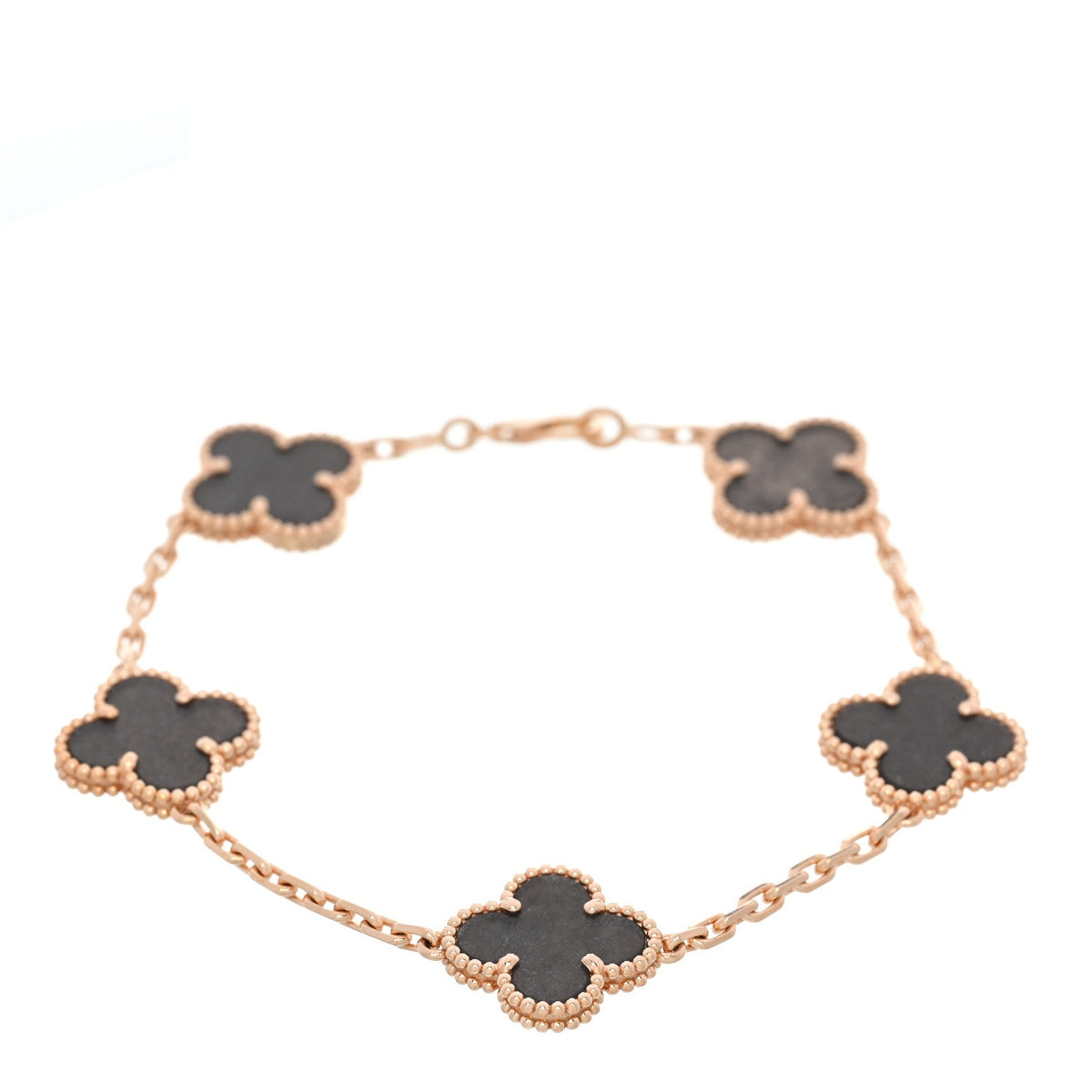 18K Rose Gold Silver Obsidian 5 Motifs Vintage Alhambra Bracelet