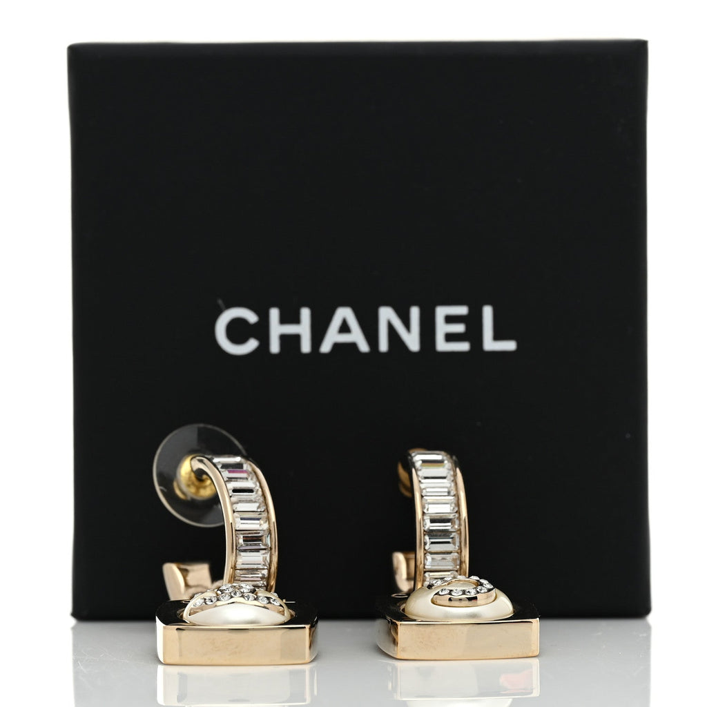 Pearl Crystal Baguette No 5 Lock Drop Earrings Gold Pearly White
