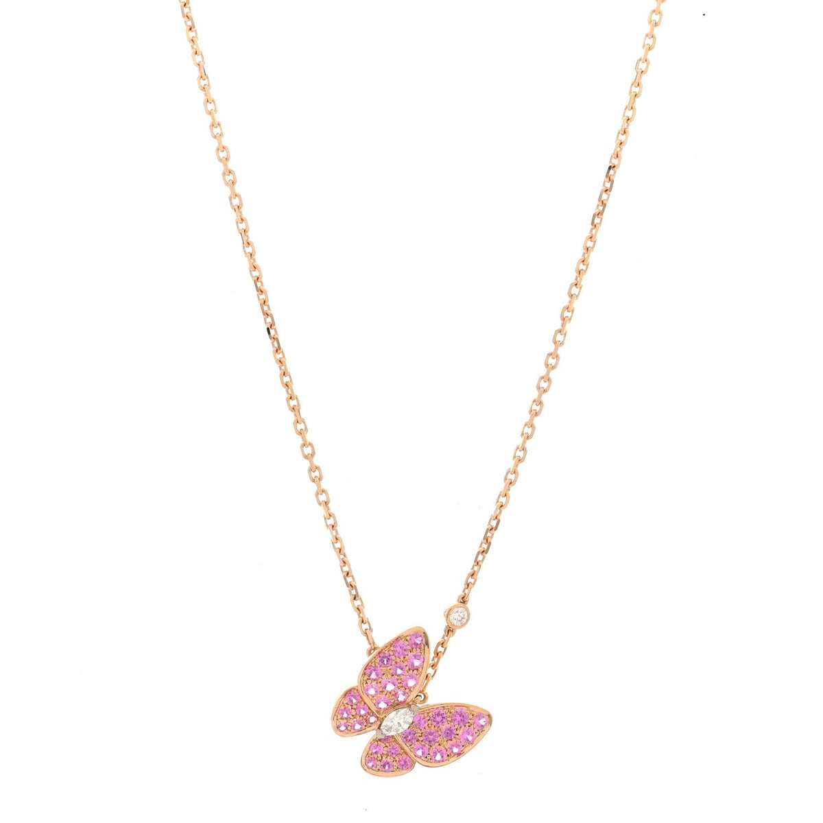 18K Rose Gold Diamond Pink Sapphire Two Butterfly Pendant Necklace