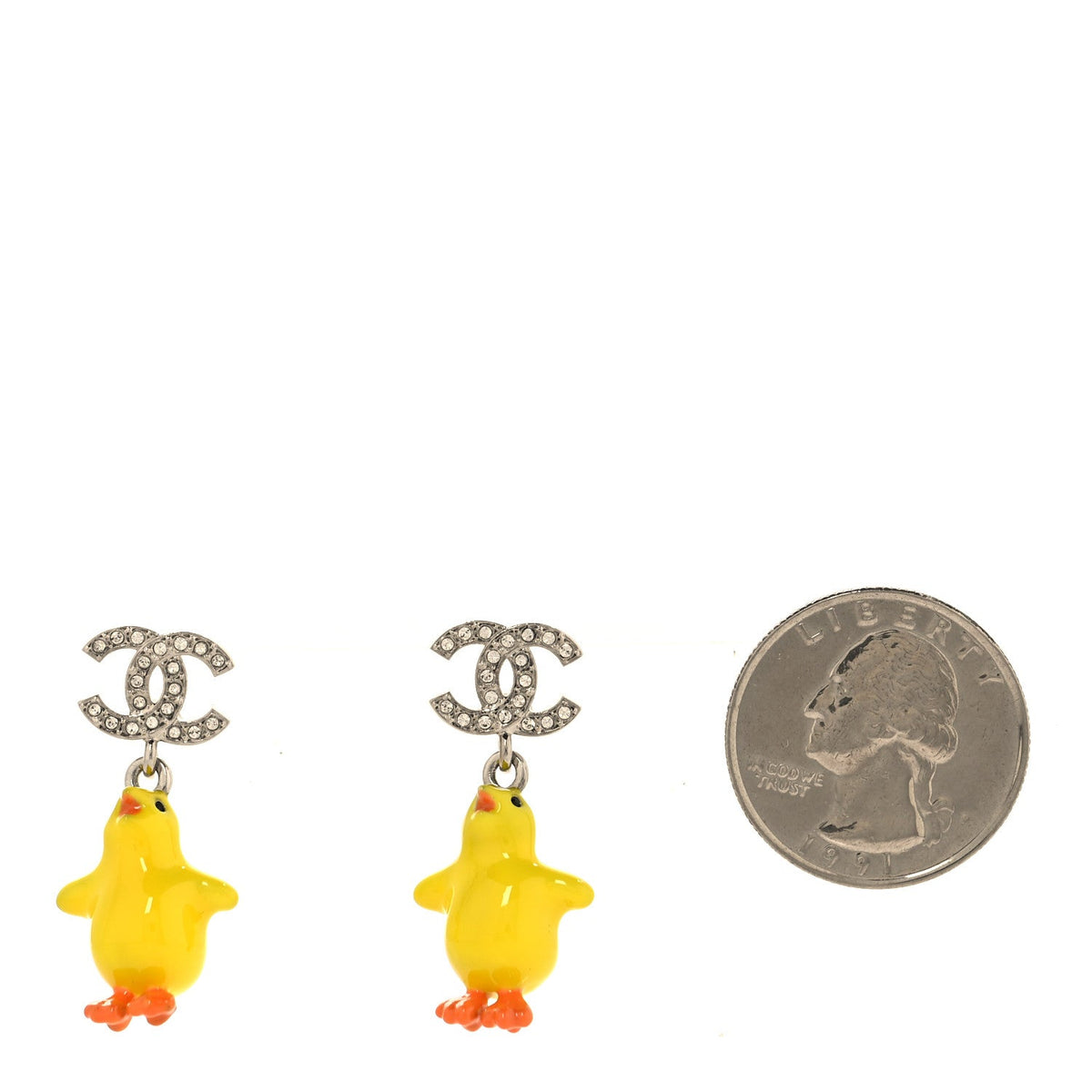 Metal Resin Strass Crystal CC Baby Chick Pendant Earrings Silver Yellow Orange
