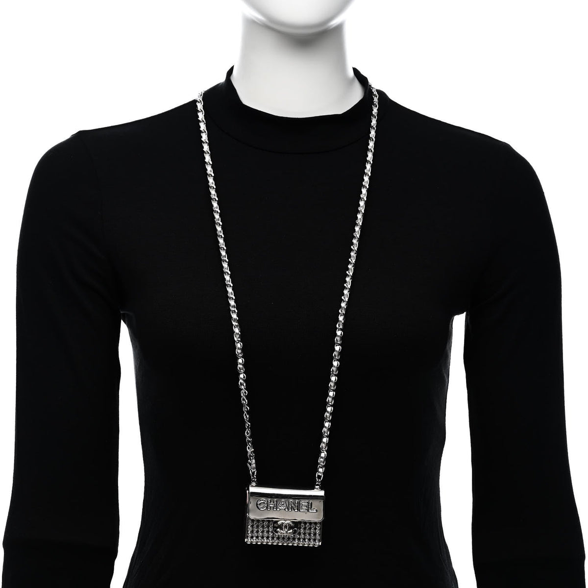 Metal Lambskin Strass Crystal Purse CC Long Necklace Silver