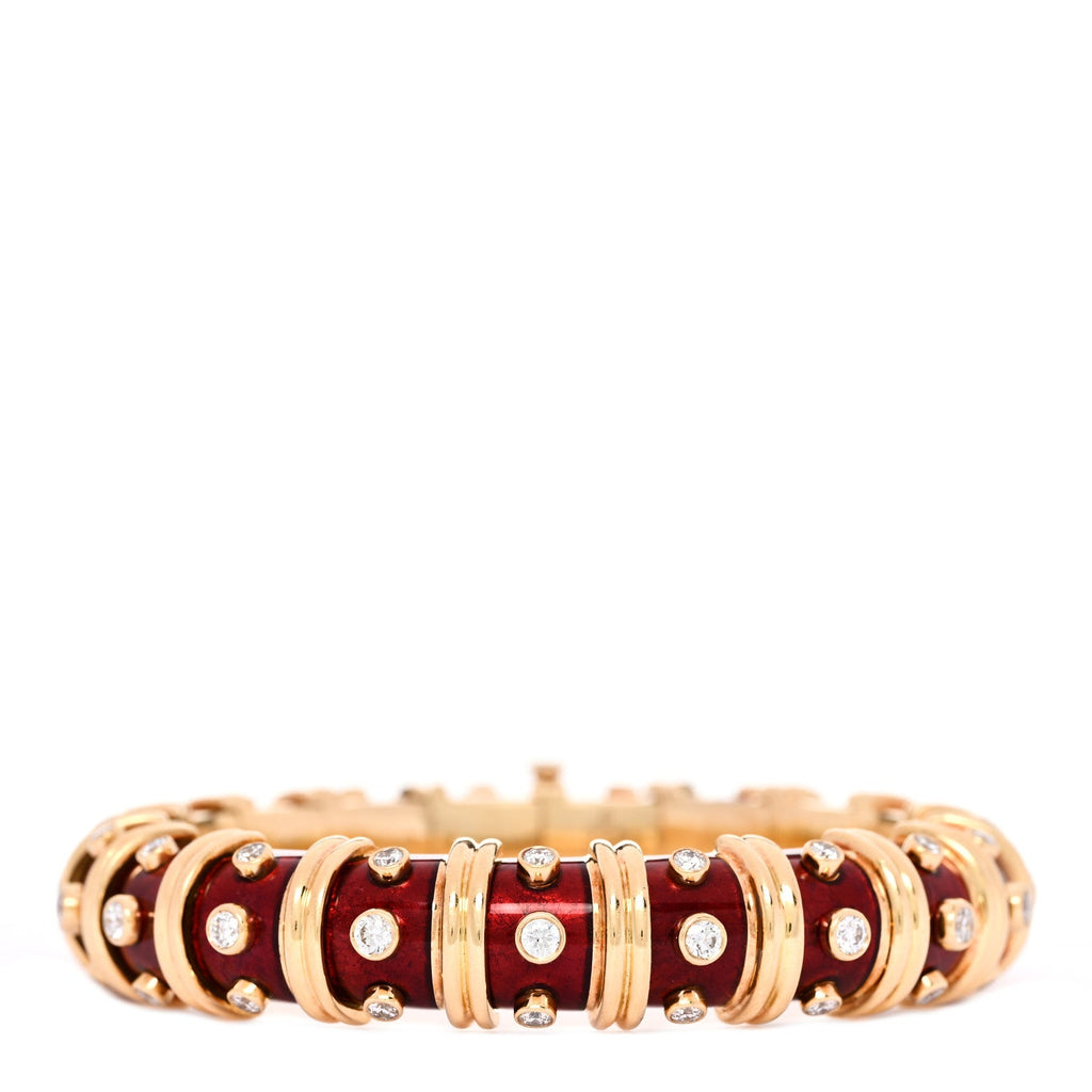 18K Yellow Gold Enamel Diamond Schlumberger Bracelet Red