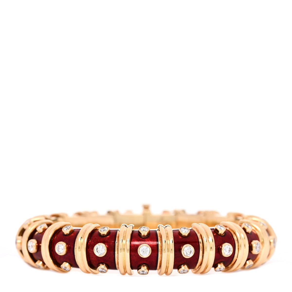 18K Yellow Gold Enamel Diamond Schlumberger Bracelet Red