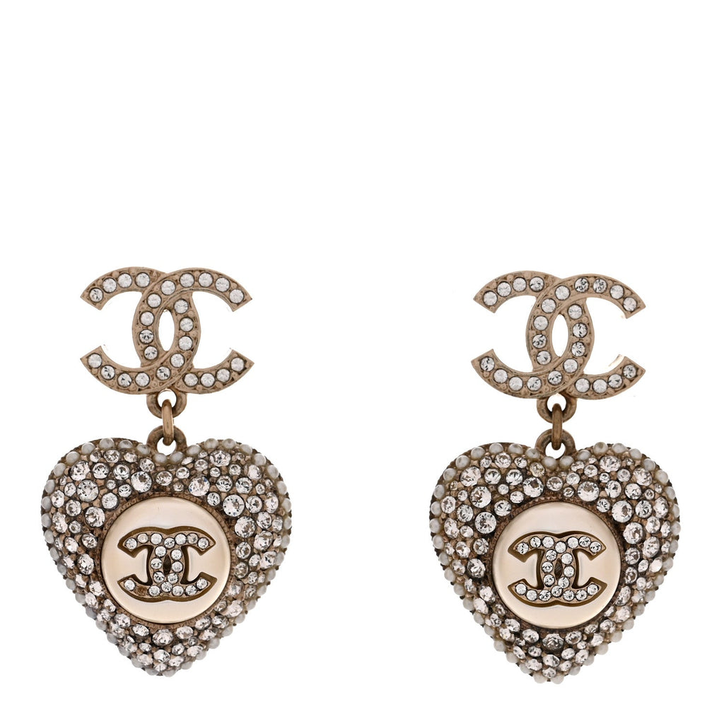 Pearl Crystal CC Heart Drop Earrings Gold White