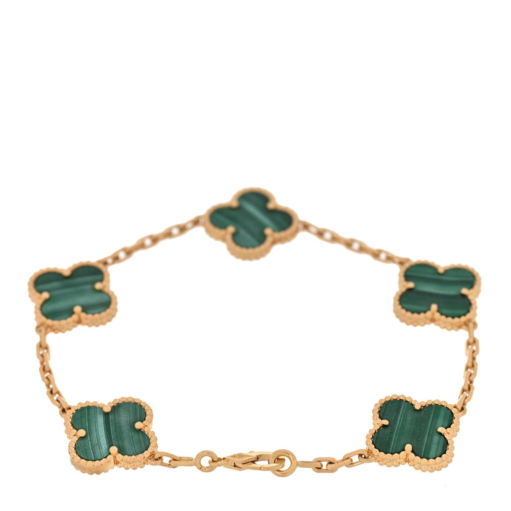 18K Yellow Gold Malachite 5 Motifs Vintage Alhambra Bracelet