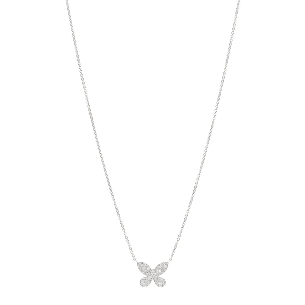 18K White Gold Small Diamond Butterfly Pendant Pave Necklace
