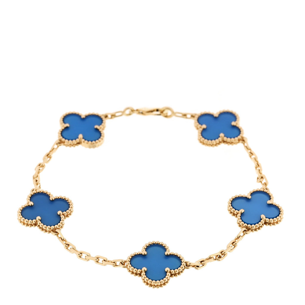 18K Yellow Gold Blue Agate 5 Motifs Vintage Alhambra Bracelet