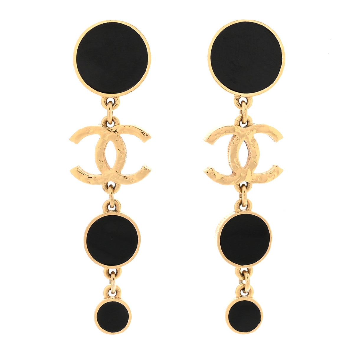 Metal Resin Disc CC Long Drop Earrings Gold Black