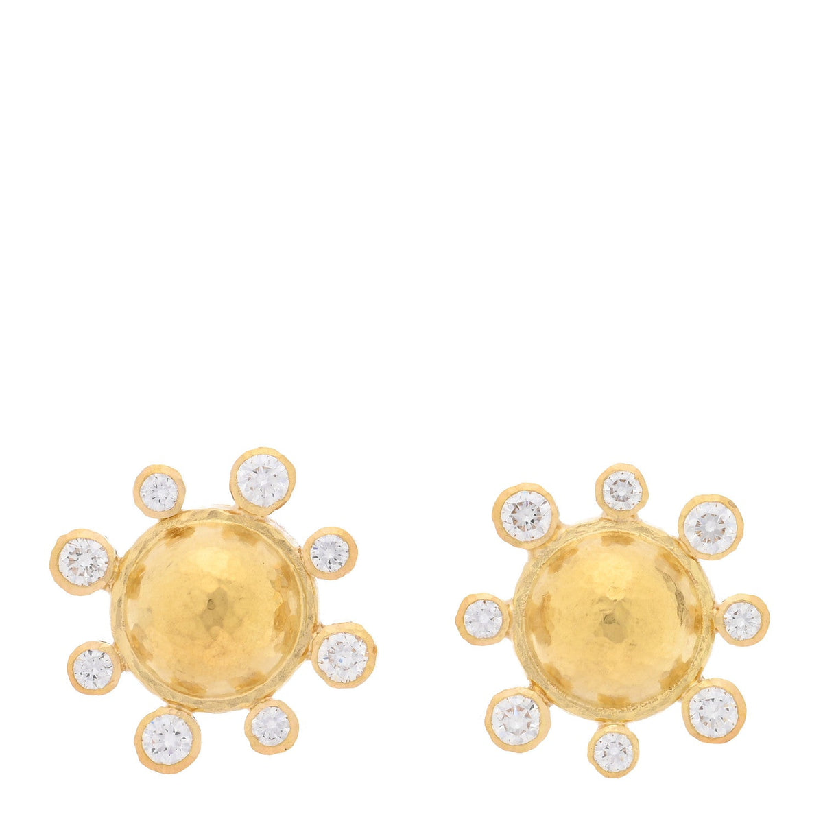 18K Yellow Gold Diamond Hammered Dome Stud Earrings