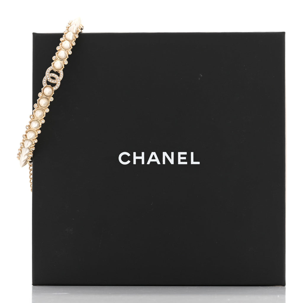 Spike Pearl Crystal CC Choker Necklace Gold Pearly White