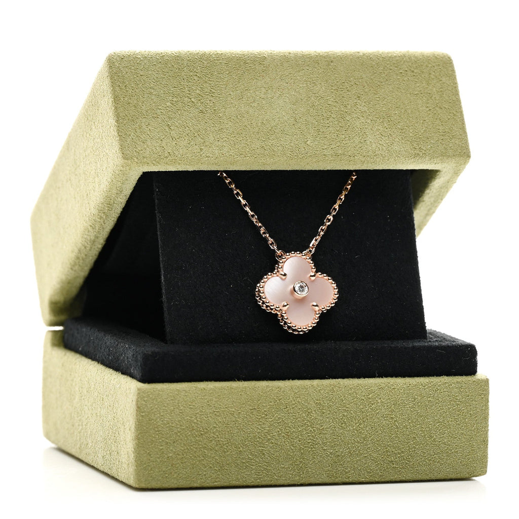 VAN CLEEF &amp; ARPELS 18K Rose Gold Diamond Pink Mother of Pearl Vintage Alhambra Pendant Necklace