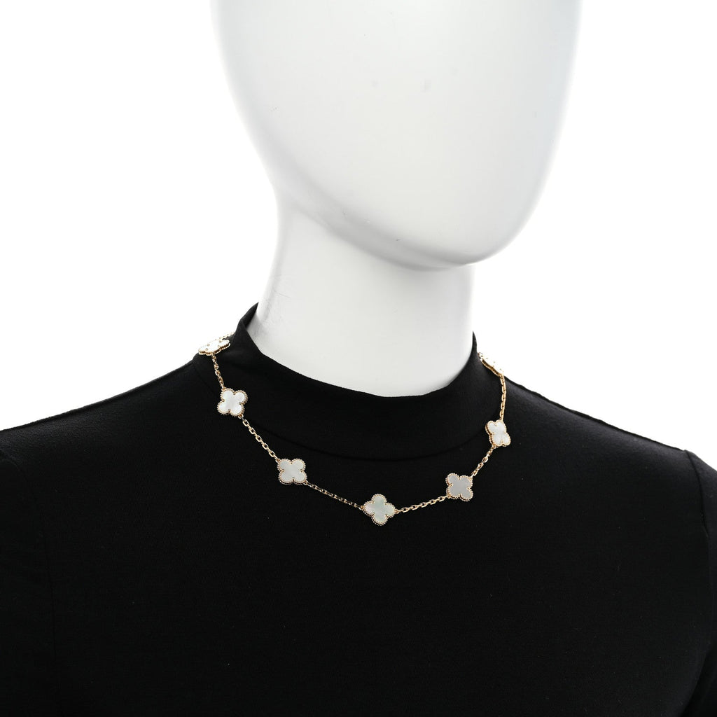 18K Yellow Gold Mother of Pearl 10 Motifs Vintage Alhambra Necklace