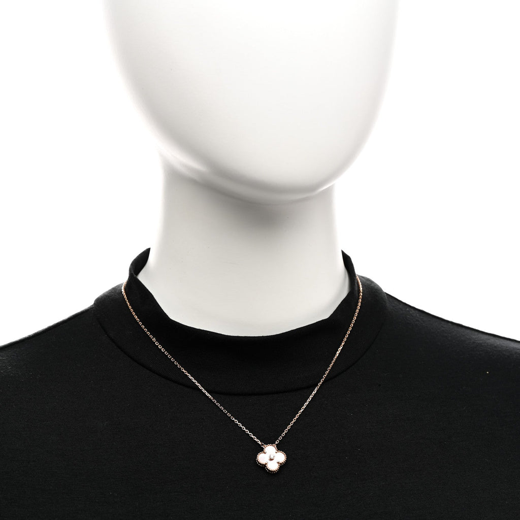 18K Rose Gold Diamond Pink Mother of Pearl Vintage Alhambra Pendant Necklace