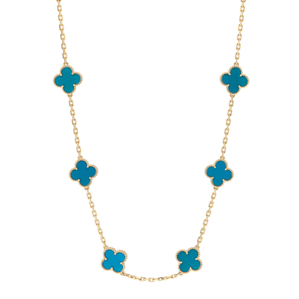 18K Yellow Gold Blue Agate 10 Motifs Vintage Alhambra Necklace