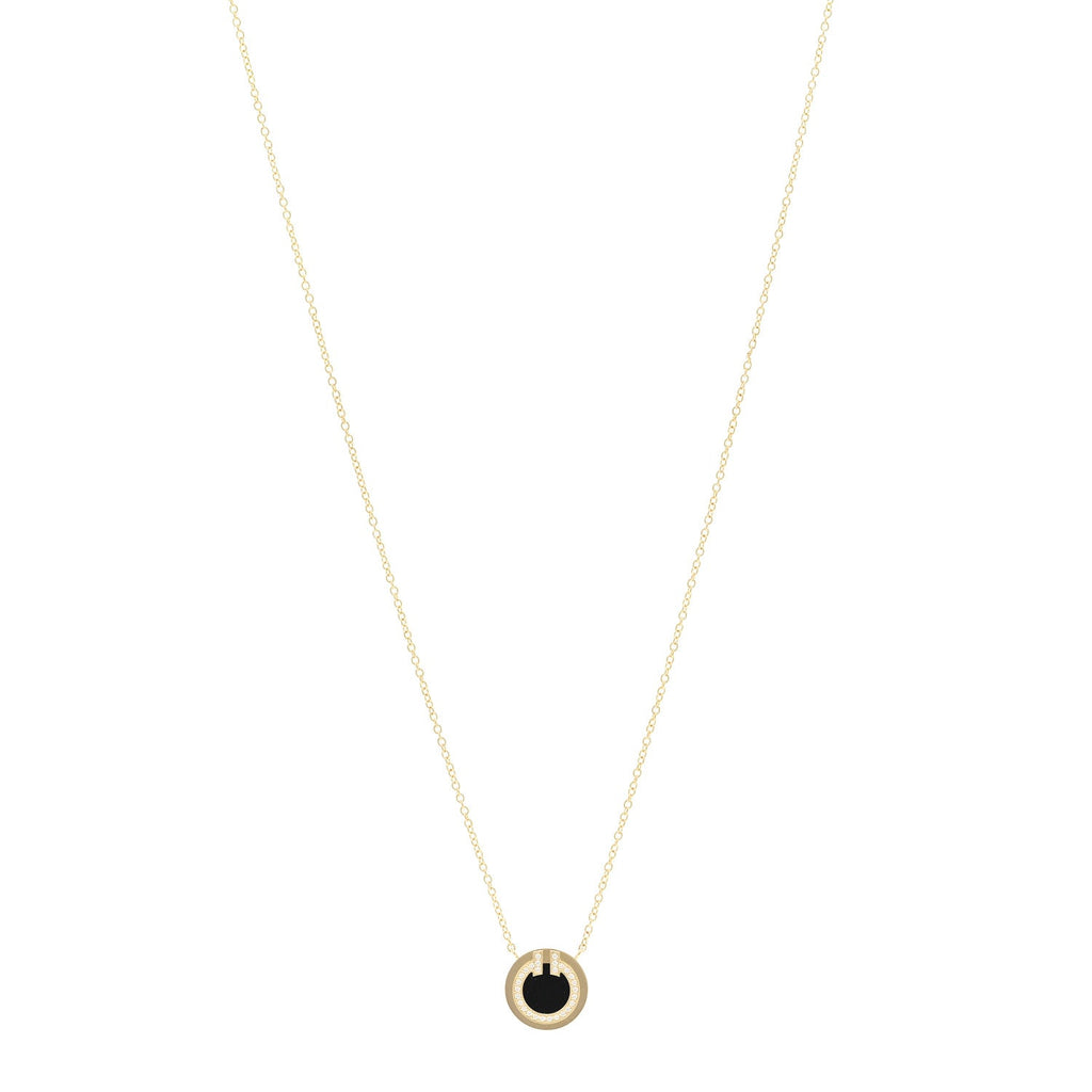 18K Yellow Gold Diamond Black Onyx Small T Circle Pendant Necklace
