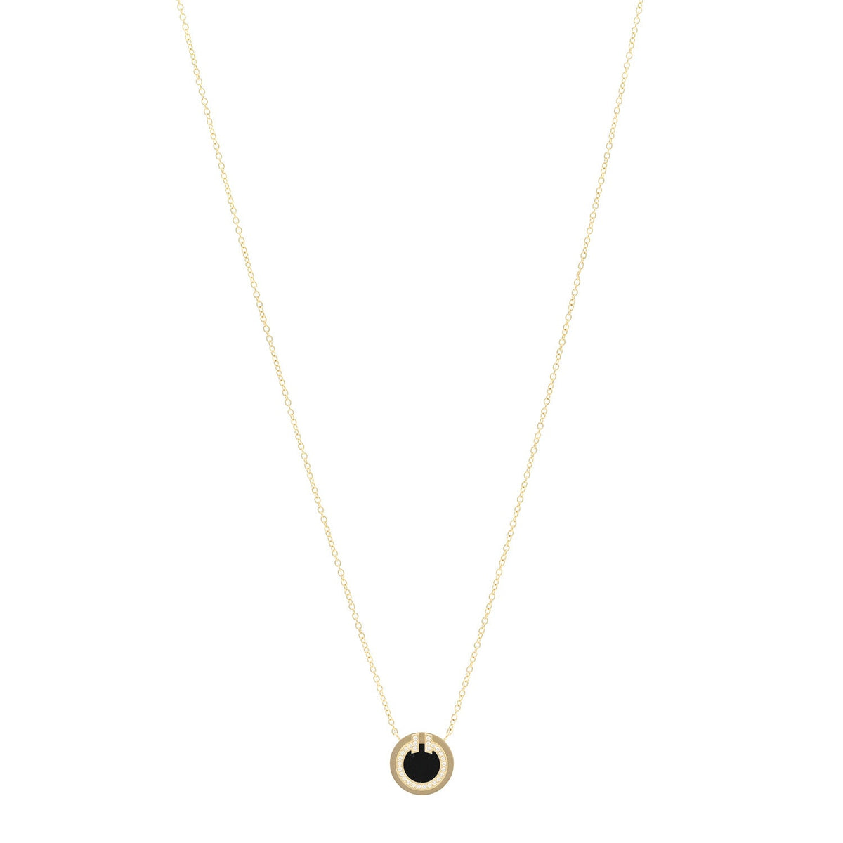 18K Yellow Gold Diamond Black Onyx Small T Circle Pendant Necklace