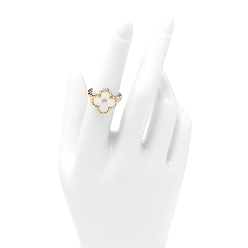 18K Yellow Gold Diamond Mother of Pearl Vintage Alhambra Ring 53 6.25