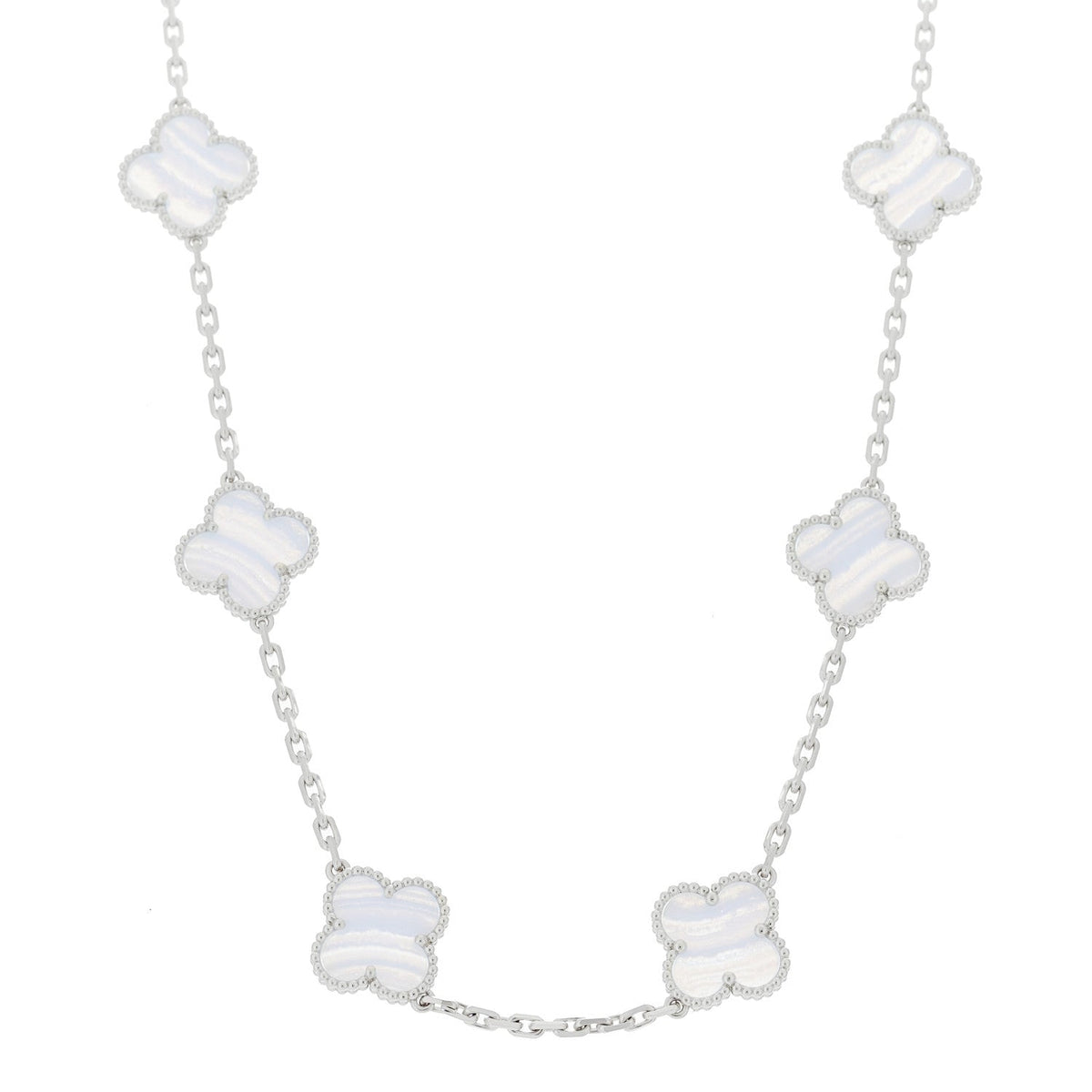 18K White Gold Chalcedony 10 Motifs Vintage Alhambra Necklace